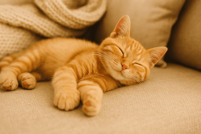 Ginger tabby cat sleeping on a cosy sofa